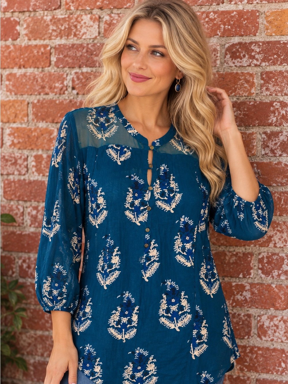 Lucky Brand Blue and White Semi Sheet Floral Blouse